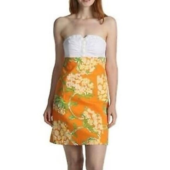 Lilly Pulitzer Bowen Strapless Dress Sz 0 Beaded Orange White Floral Cotton - Picture 1 of 16